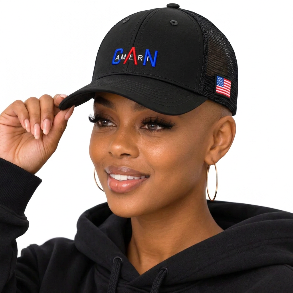 5 Panel Black Trucker Cap with embroidered AmeriCAN name