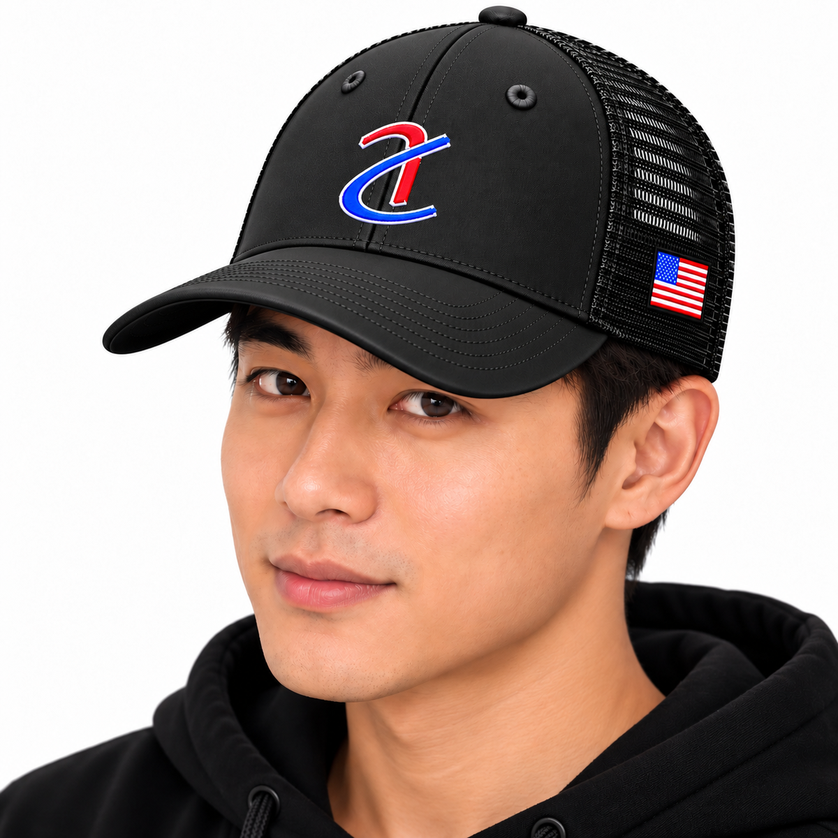 5 Panel Black Trucker Cap with Embroidered AmeriCAN Logo